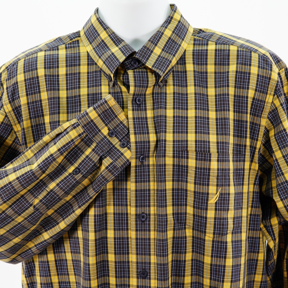 Nautica Men's XL Wrinkle Resistant Blue Yellow Plaid Cotton Button Down Long Sle